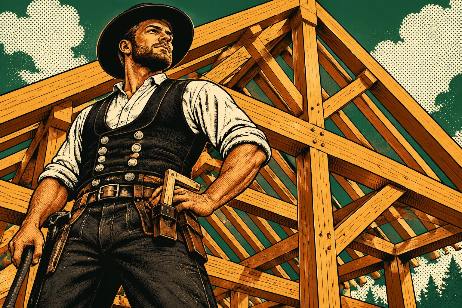 Zimmerer in Zunftkleidung vor einem frisch gerichteten Holz-Dachstuhl